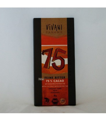 Chocolate negro 75% con azúcar de coco ecológ, 100 gr.