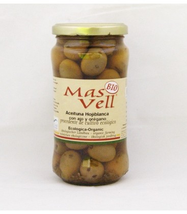 Aceitunas hojiblanca con ajo y orégano ecológ., 350 gr.